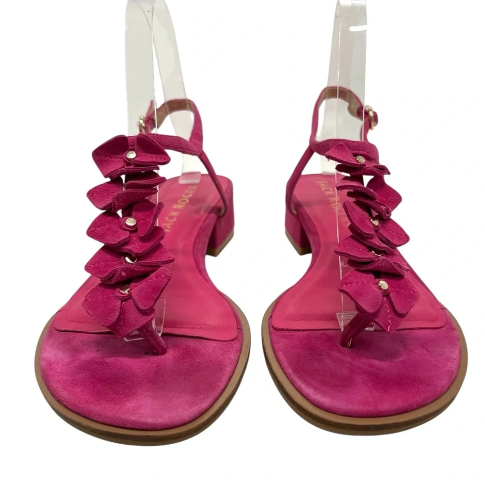 Jack Rogers Fuchsia Pink Suede Block Heel Floral T Strap Sandals Women’s 7.5 - Picture 3 of 14